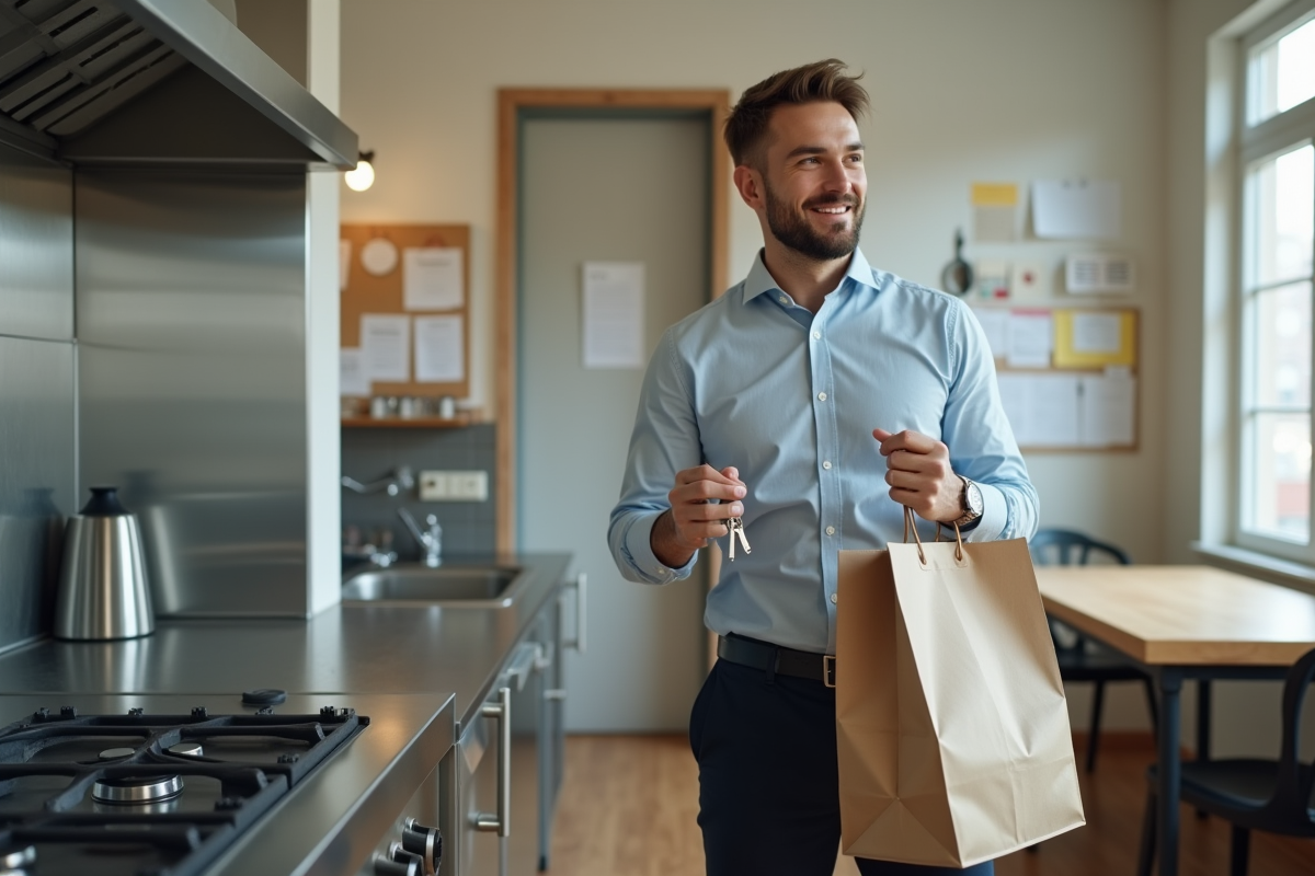 Jeune homme professionnel tenant une clé dans la cuisine urbaine