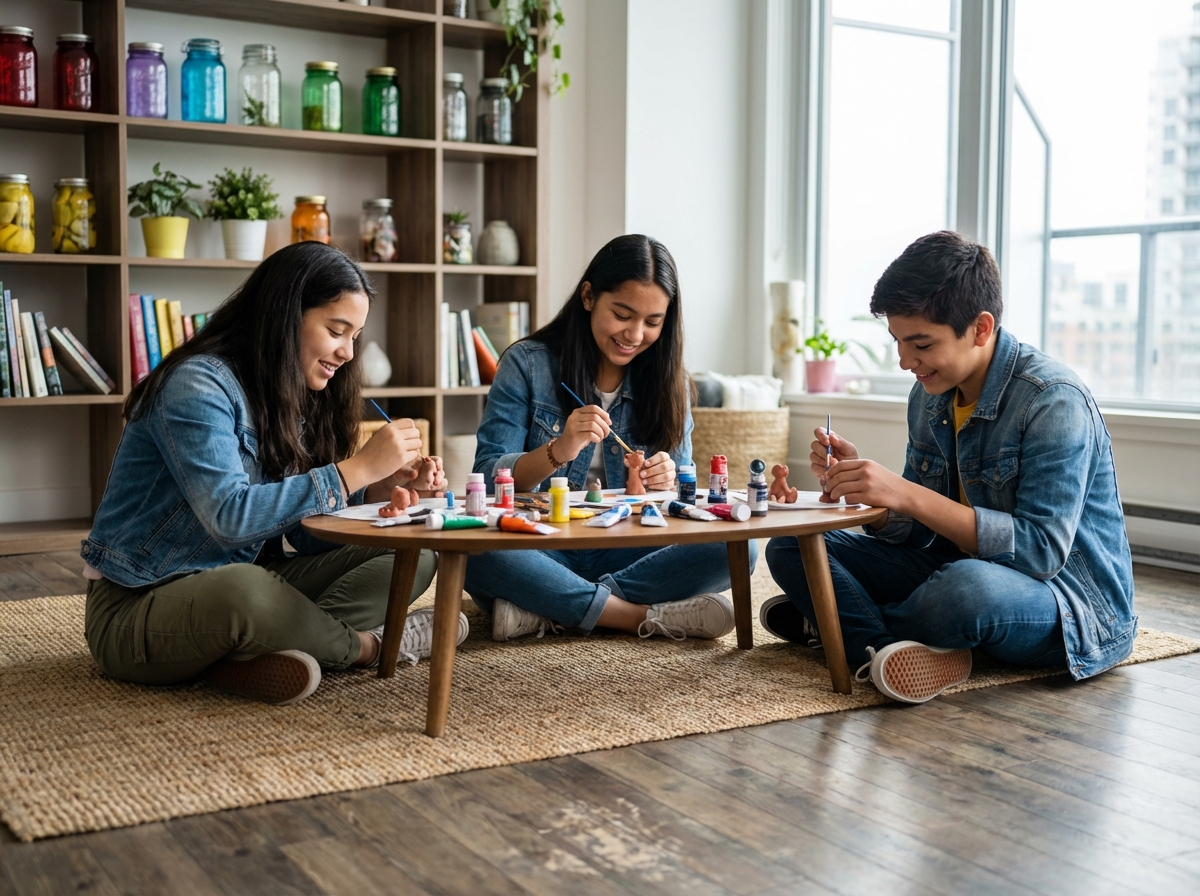 Adolescents peignant des figurines en argile dans un salon