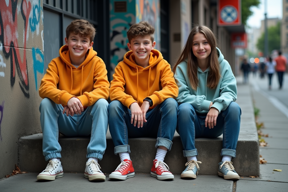 Jeunes en style urbain assis devant un mur graffite