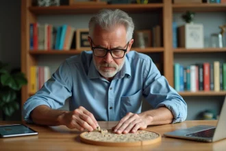 Homme concentré jouant aux mots sur un plateau en cuisine