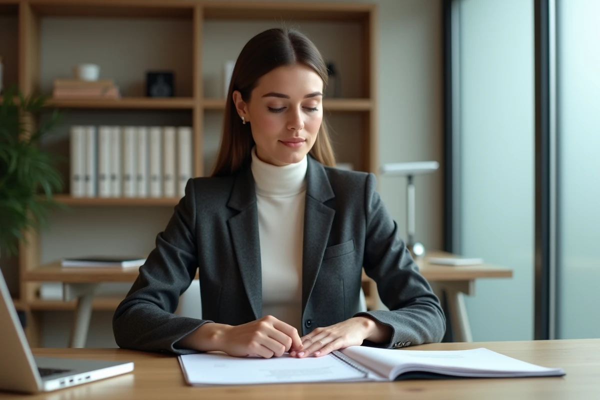 Johanna Giglia en bureau moderne révisant des documents avec sérénité et détermination professionnelle