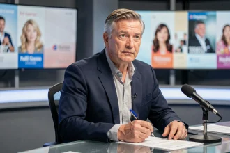 Journaliste culturel professionnel assis au bureau d'un plateau de télévision, blazer marine, expression concentrée et posture assurée