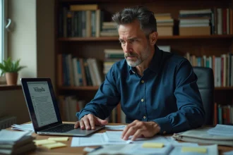 Journaliste enquêtant sur une théorie du complot française devant un écran Wikipedia dans un bureau encombré de documents