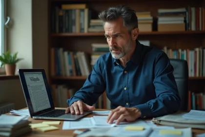 Journaliste enquêtant sur une théorie du complot française devant un écran Wikipedia dans un bureau encombré de documents