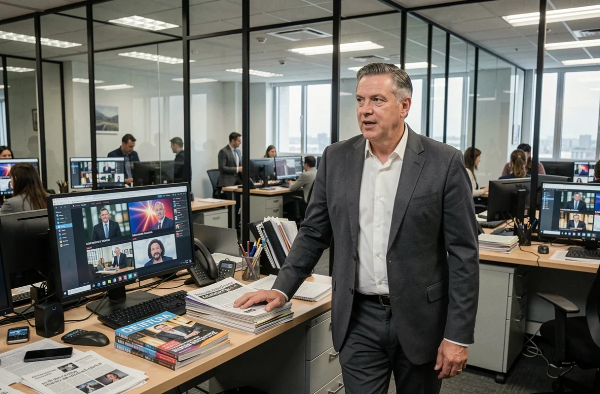 Journaliste homme debout dans une rédaction moderne entourée d'écrans et de documents culturels, ambiance professionnelle et dynamique