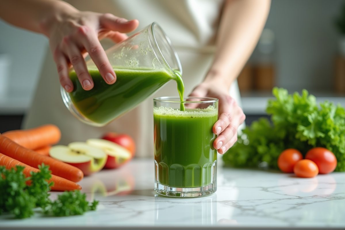 Main versant un jus vert frais dans un verre avec légumes