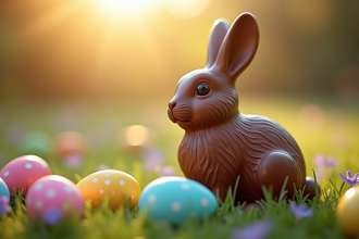 Lapin en chocolat de Pâques avec œufs colorés dans un jardin ensoleille