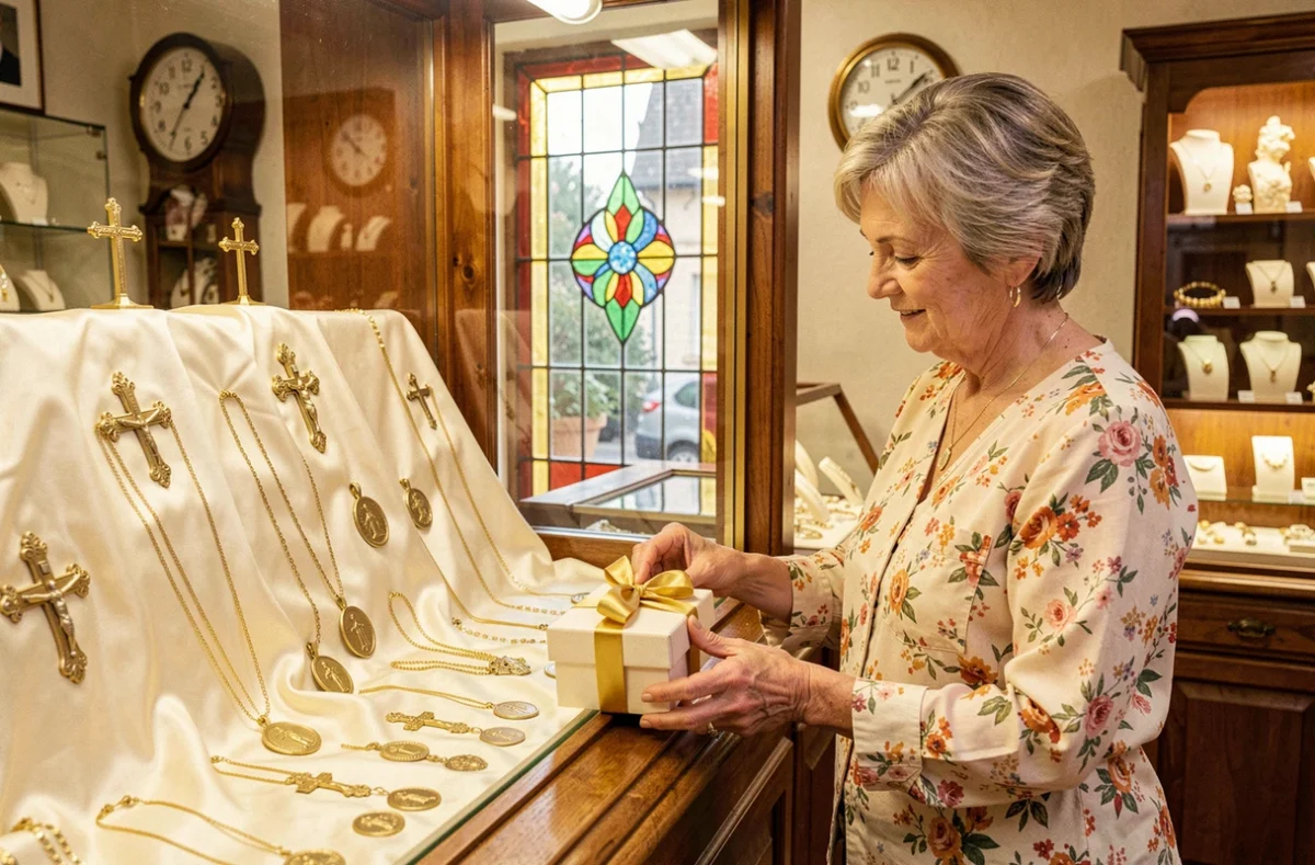 Vitrine de bijoux dorés et médailles religieuses au Clocher d'Or en Essonne