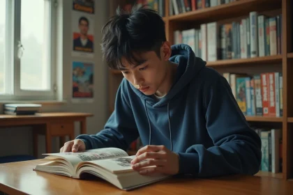 Jeune homme lisant un manga One Piece dans sa chambre entourée de volumes de BD japonaises