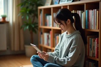 Jeune femme lisant des mangas sur tablette entourée de volumes de manga dans un appartement cosy