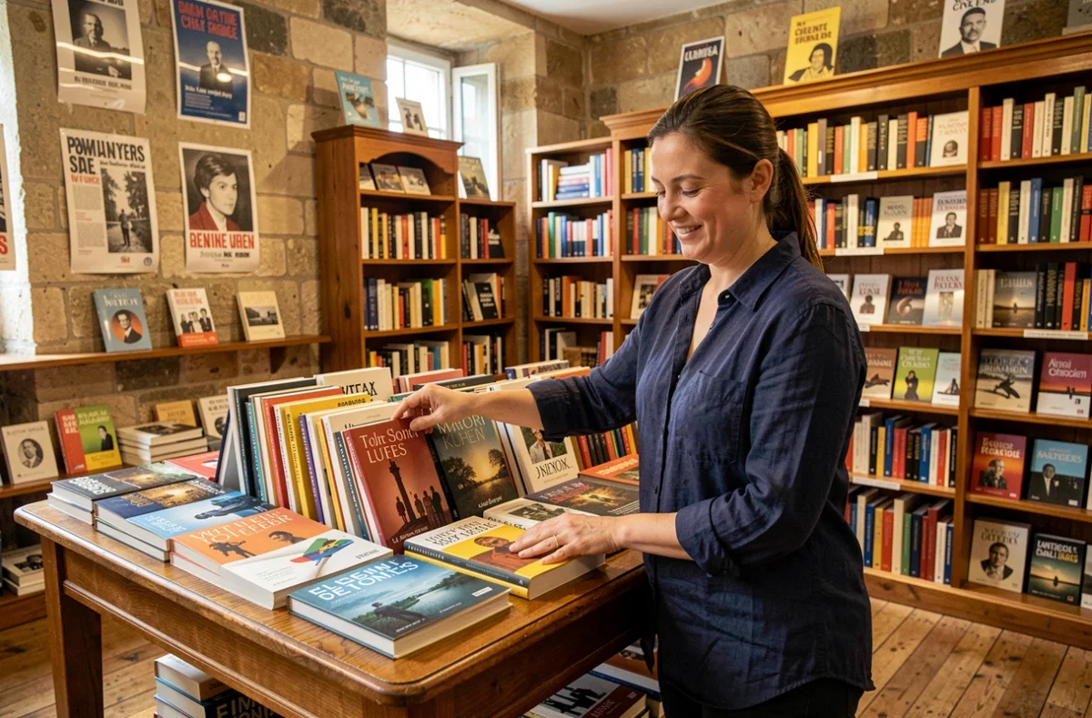 Libraire femme arrangeant des nouveautés dans la librairie généraliste Contact à Angers