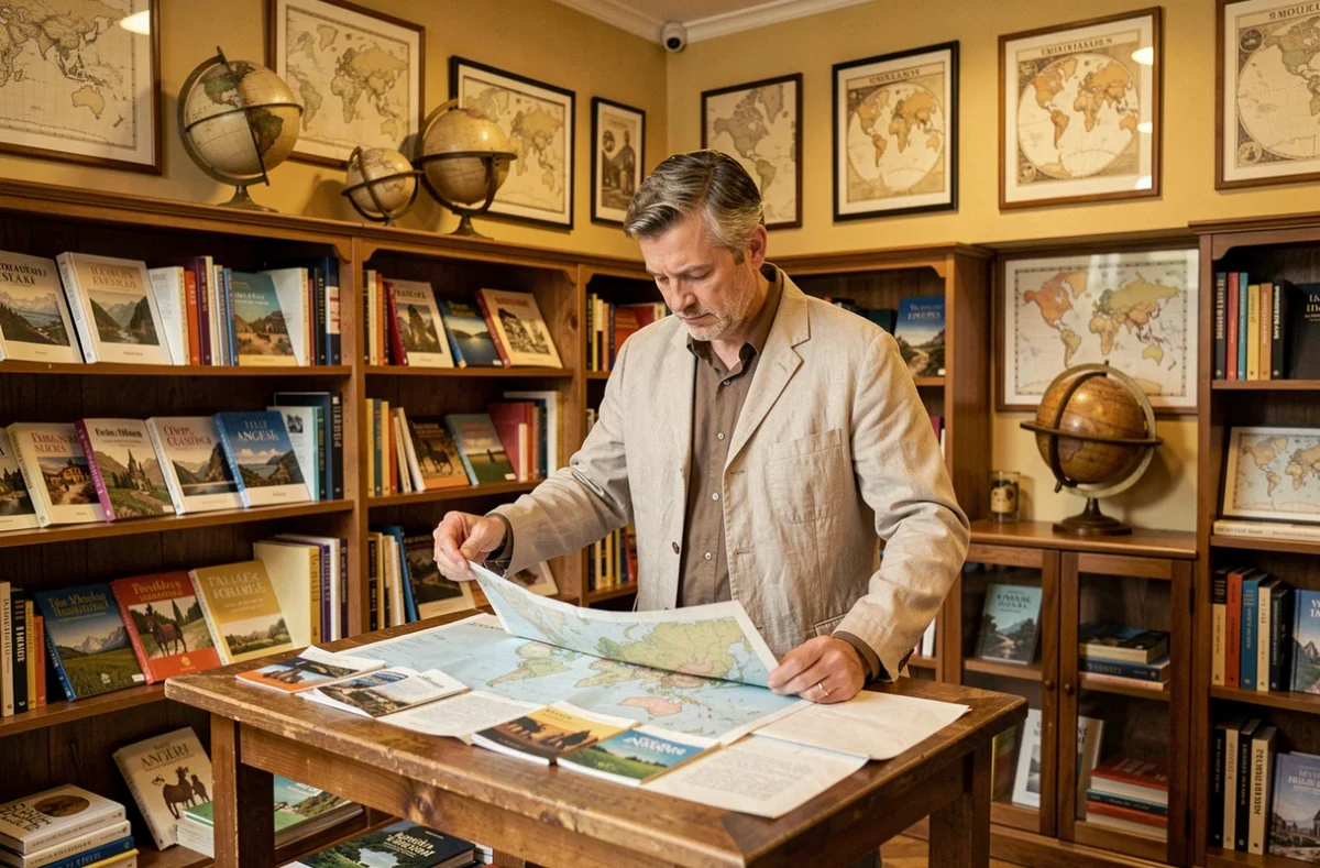 Client consultant une carte dans la librairie du voyage Itinérances à Angers entouré de guides et d'atlas