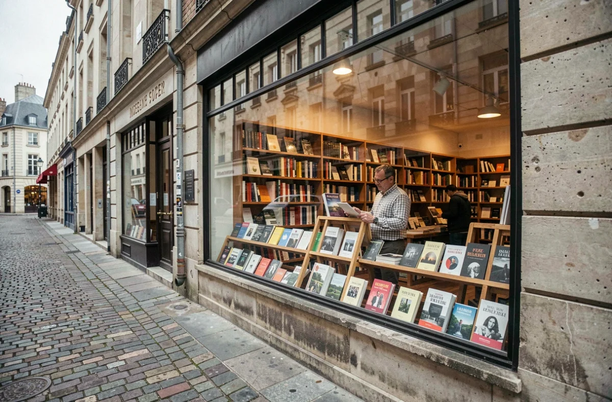 Vitrine de la librairie indépendante Les Mots d'Angers dans le centre-ville avec un libraire arrangeant un présentoir
