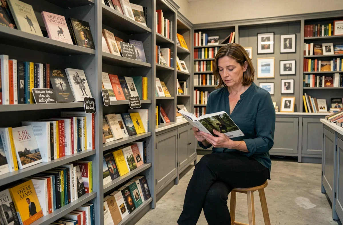 Libraire lisant dans la librairie spécialisée Les Nuits Bleues à Angers dans un cadre intimiste