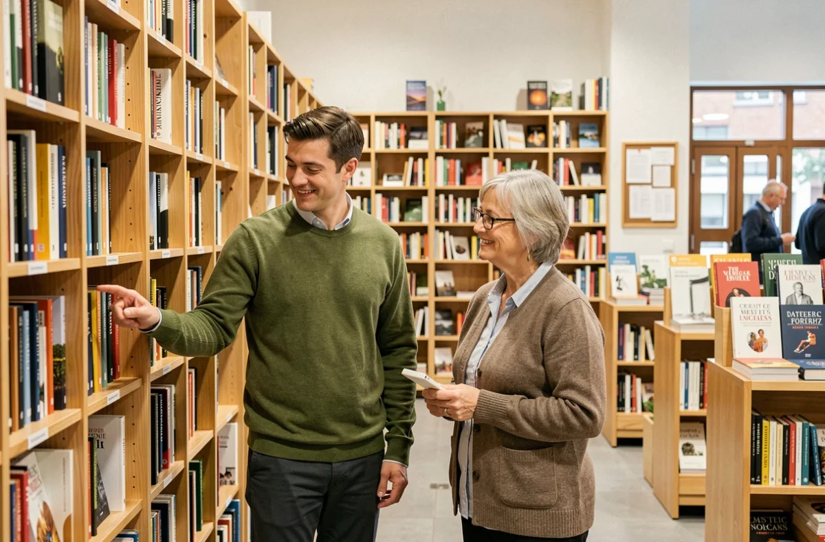 Libraire aidant une cliente à trouver un livre dans la librairie généraliste Myriagone à Angers