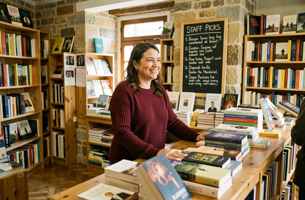 Libraire souriante derrière le comptoir de la librairie Pages d'Anjou à Angers entourée de livres