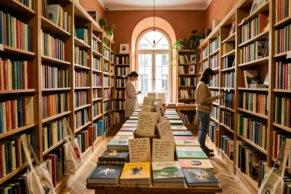 Intérieur d'une librairie indépendante en Maine-et-Loire avec des étagères en bois remplies de livres et une atmosphère chaleureuse