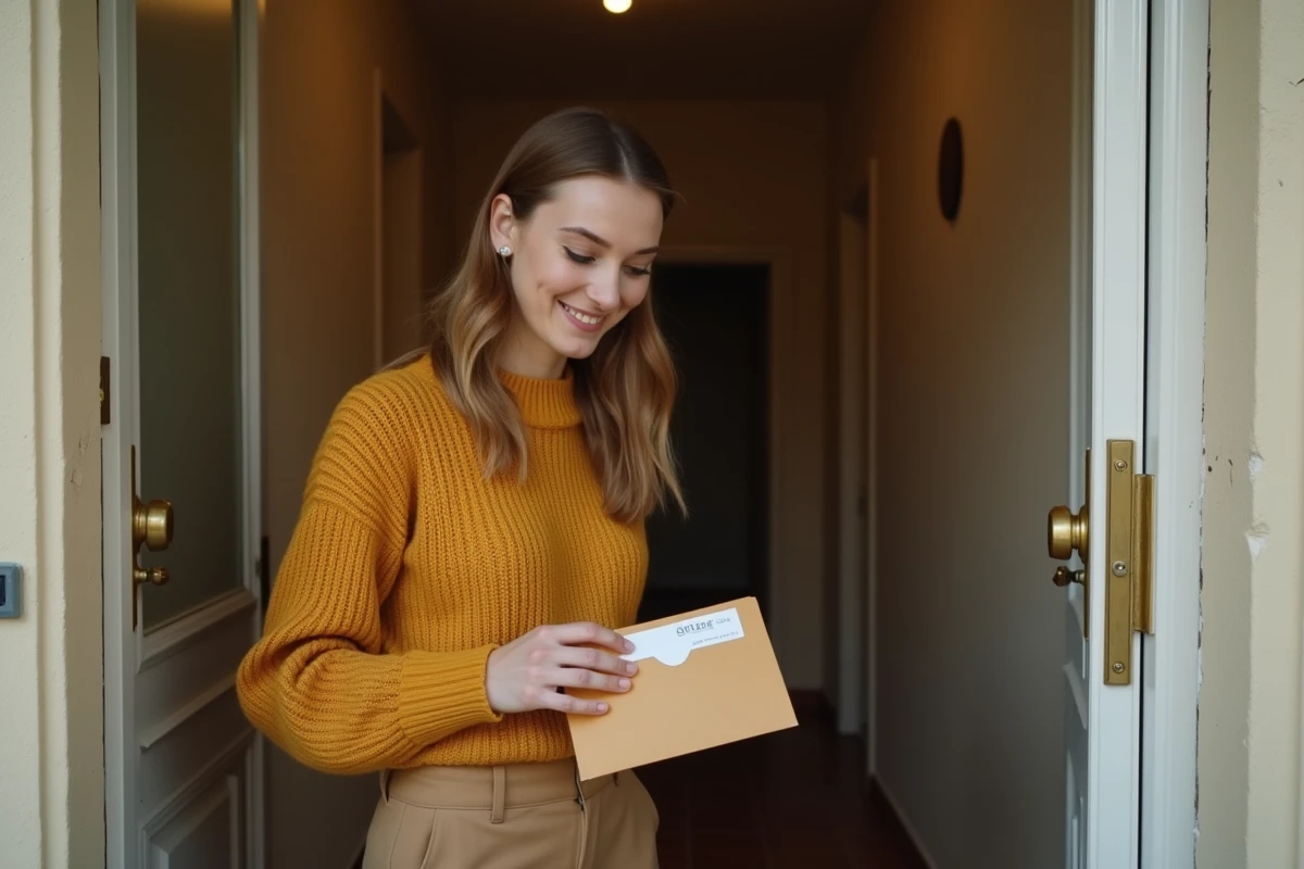 Femme recevant un colis Vinted livré à domicile devant la porte de son appartement