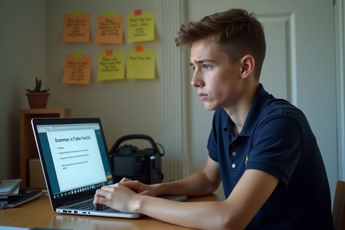 Lycéen étudiant la conjugaison du verbe prendre avec des mémos sur 'on a pris' et 'on prit' collés au mur de sa chambre