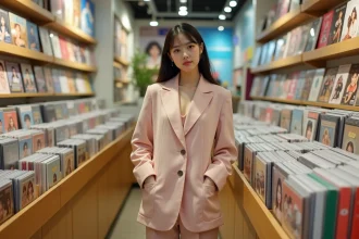 Jeune femme coréenne dans un magasin de disques K-pop à Séoul entourée d'albums et de posters d'idoles