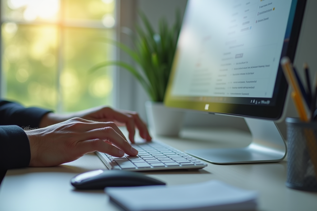 Mains tapant sur un clavier sans fil dans un espace de travail lumineux