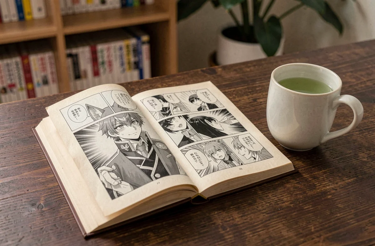 Volume de manga ouvert montrant un personnage antagoniste aux yeux de renard dans un décor académique démonique, posé sur un bureau en bois avec une tasse de thé vert
