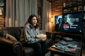 Jeune femme préparant un marathon de films Resident Evil entourée de DVD d'horreur dans un salon sombre