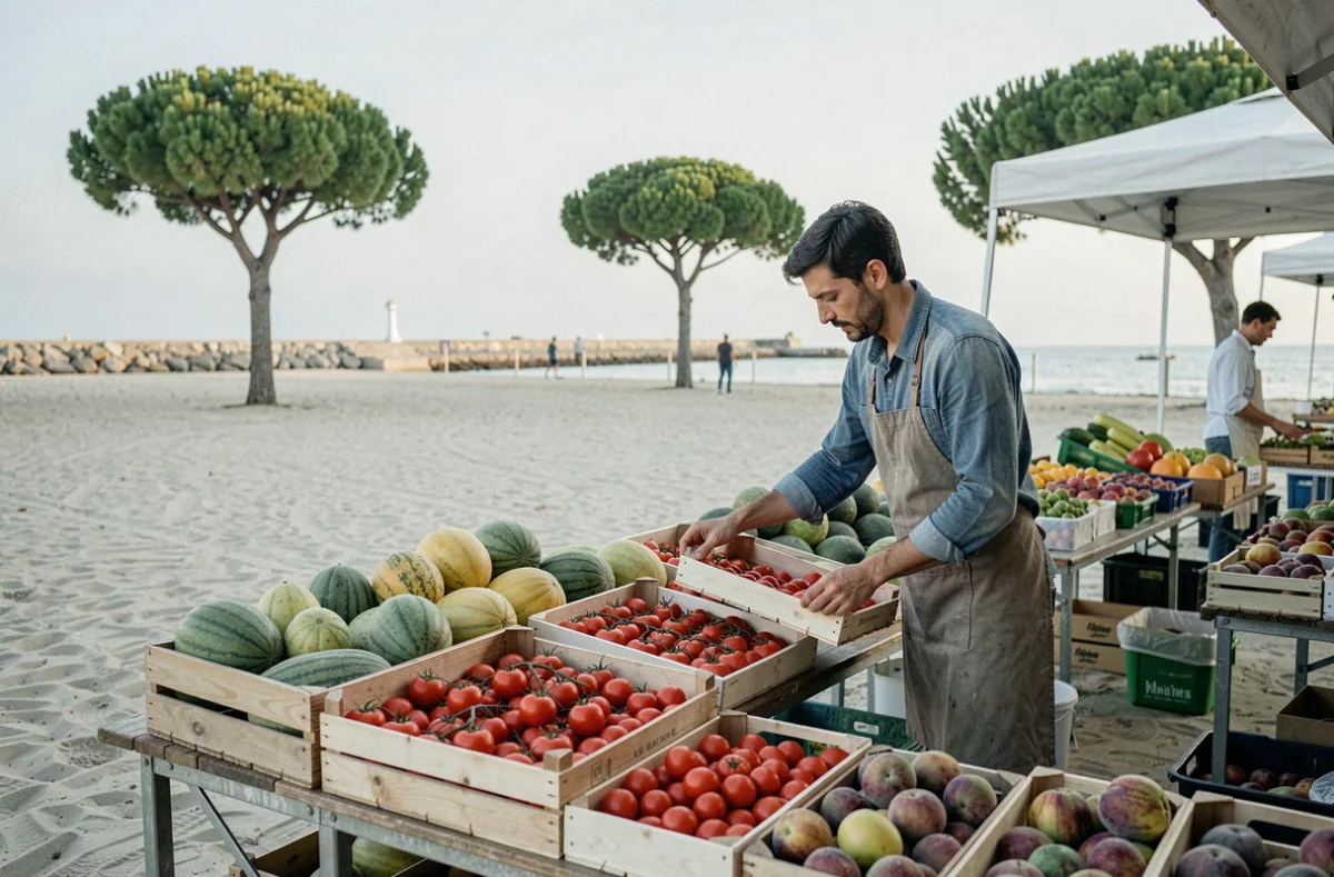 Vendeur installant ses étals de fruits et légumes tôt le matin sur le marché du Barcarès avant l'ouverture
