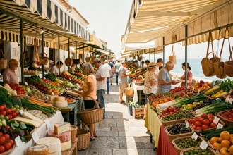 Marché du Barcarès le matin avec étals colorés de fruits, légumes et artisanat local au bord de la Méditerranée