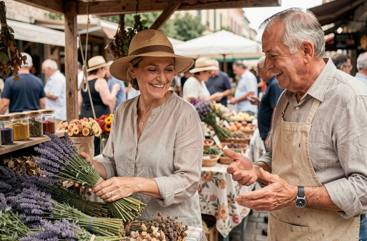 Cliente et vendeur au marché du Barcarès échangeant autour d'étals d'herbes aromatiques et de lavande provençale