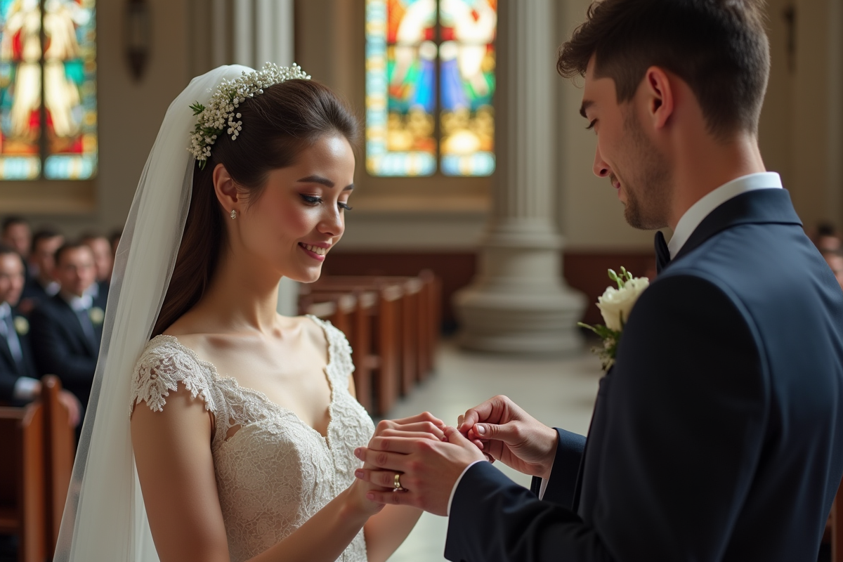 Jeune couple échangeant des anneaux dans une cathédrale