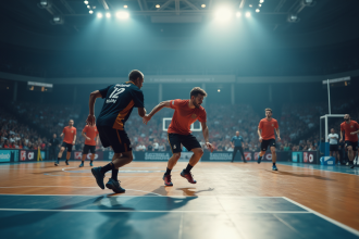 Match de handball intense en action sur le terrain