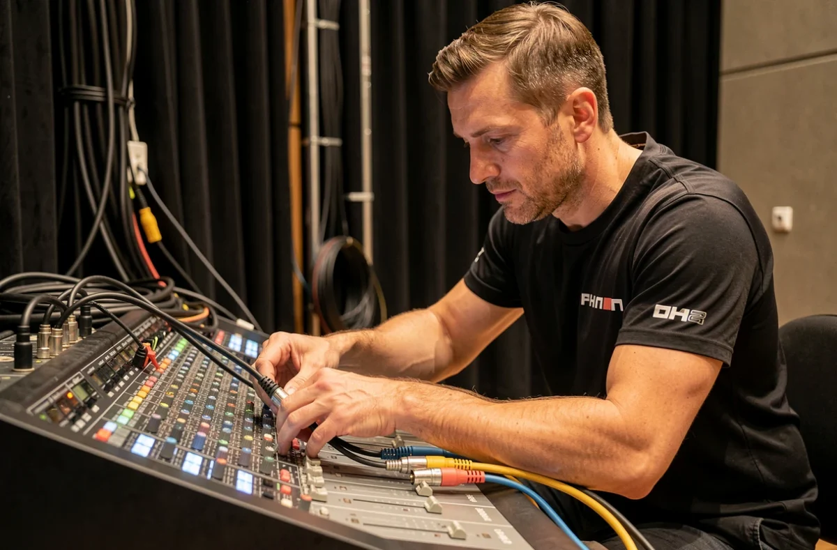 Technicien de Mick Events Sonorisation connectant des câbles XLR sur une console de mixage lors d'un montage événementiel