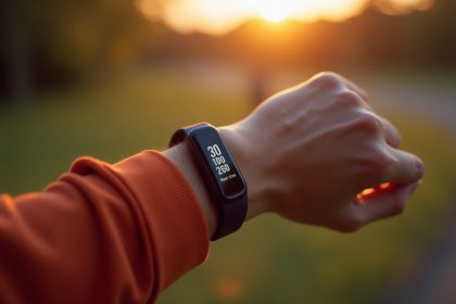 Personne tenant une montre fitness affichant 30000 pas