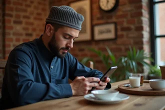 Musulman en thobe vérifiant l'heure de prière à table