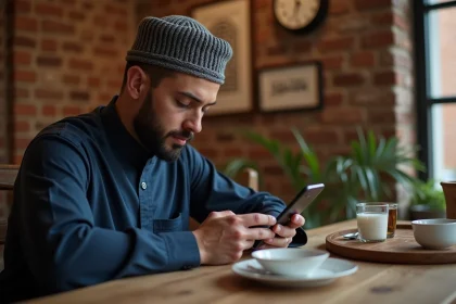 Musulman en thobe vérifiant l'heure de prière à table
