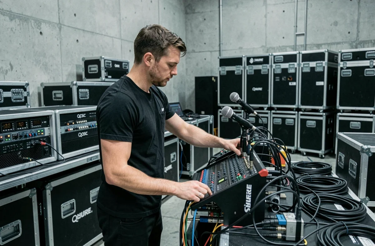 Technicien son et lumière de Night Fever Sonorisation configurant un système audio professionnel en coulisses