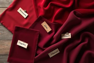 Nuancier de teintes bordeaux en anglais avec étiquettes manuscrites sur des échantillons de tissu velours et soie disposés sur une table en bois