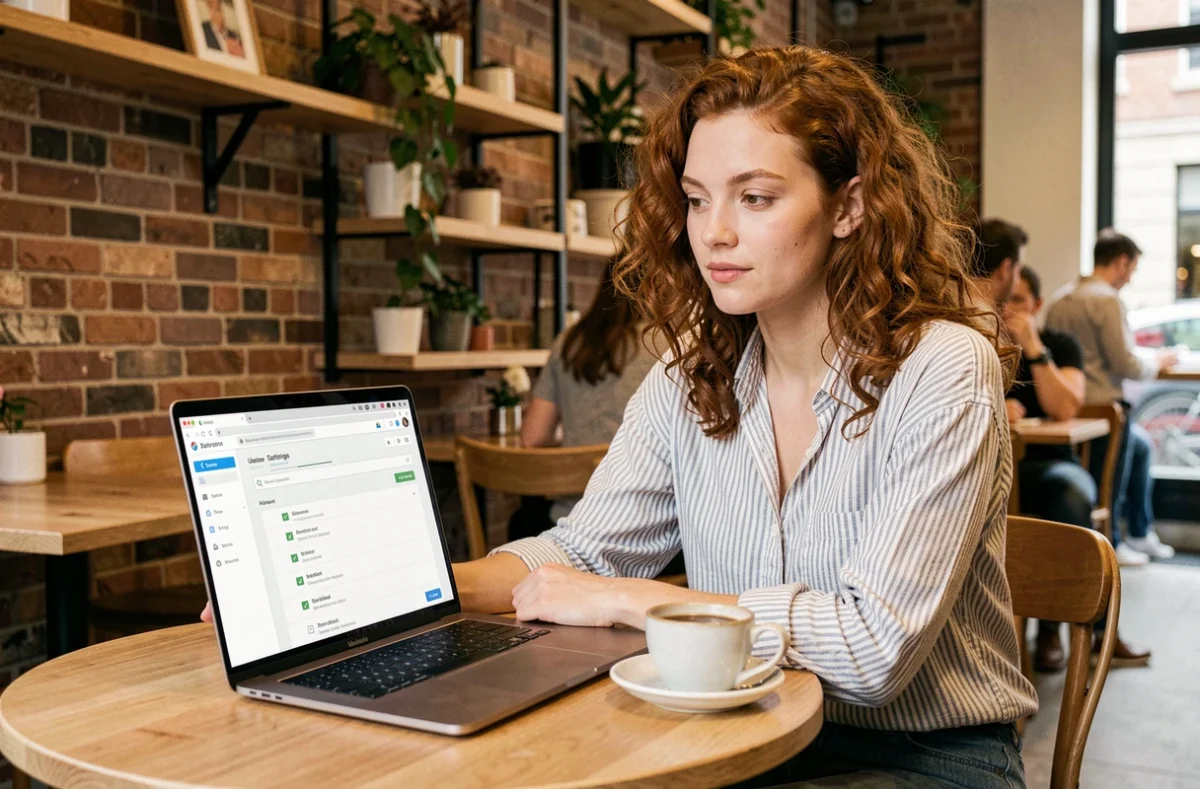 Jeune femme optimisant les réglages d'un tableau de bord web depuis un café avec son ordinateur portable