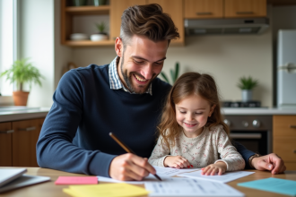Père et fille souriants dans la cuisine pour l'article sur le titre