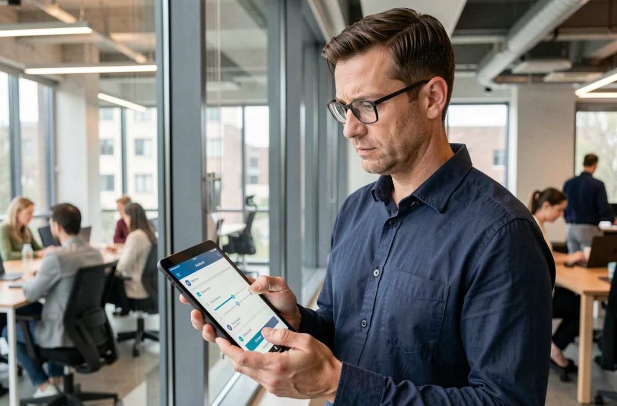 Homme consultant les paramètres et réglages d'une application sur une tablette en espace de coworking