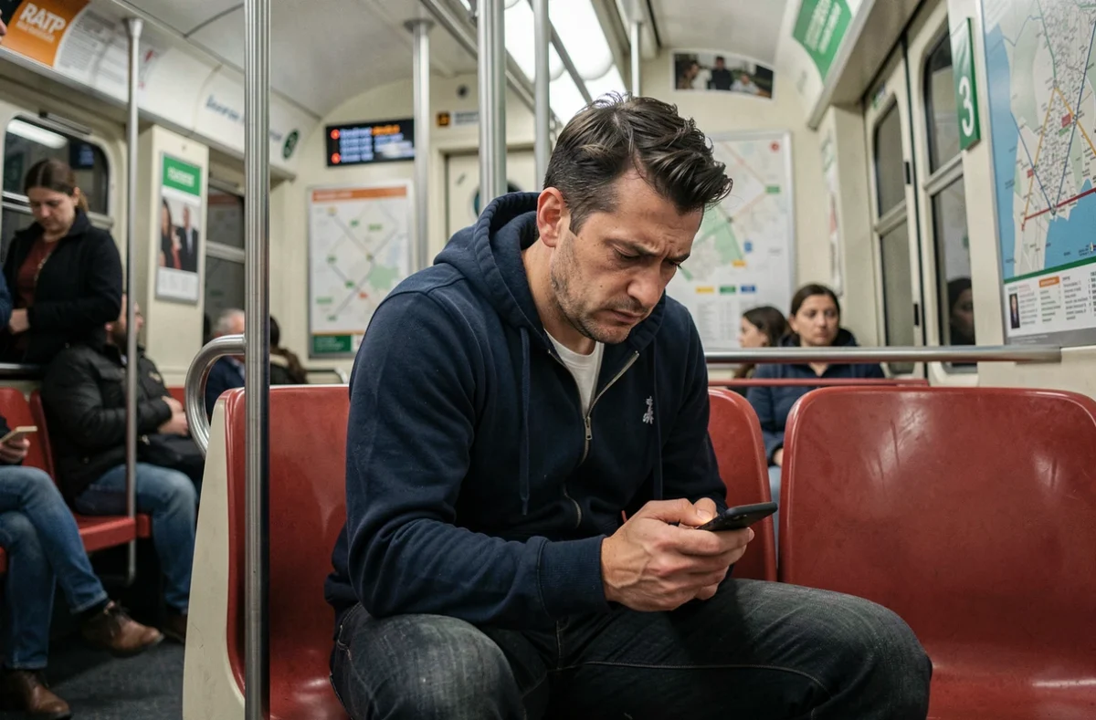 Passager dans une rame du métro ligne 3 à Paris lisant des informations sur son smartphone