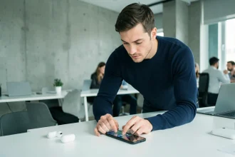 Homme en 2026 interagissant avec un smartphone pliable dans un espace de coworking moderne, illustration de l'actualité tech