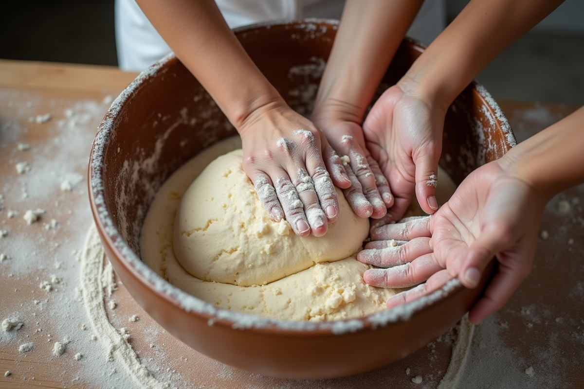 Mains pétrissant la pâte à levure dans un bol en céramique