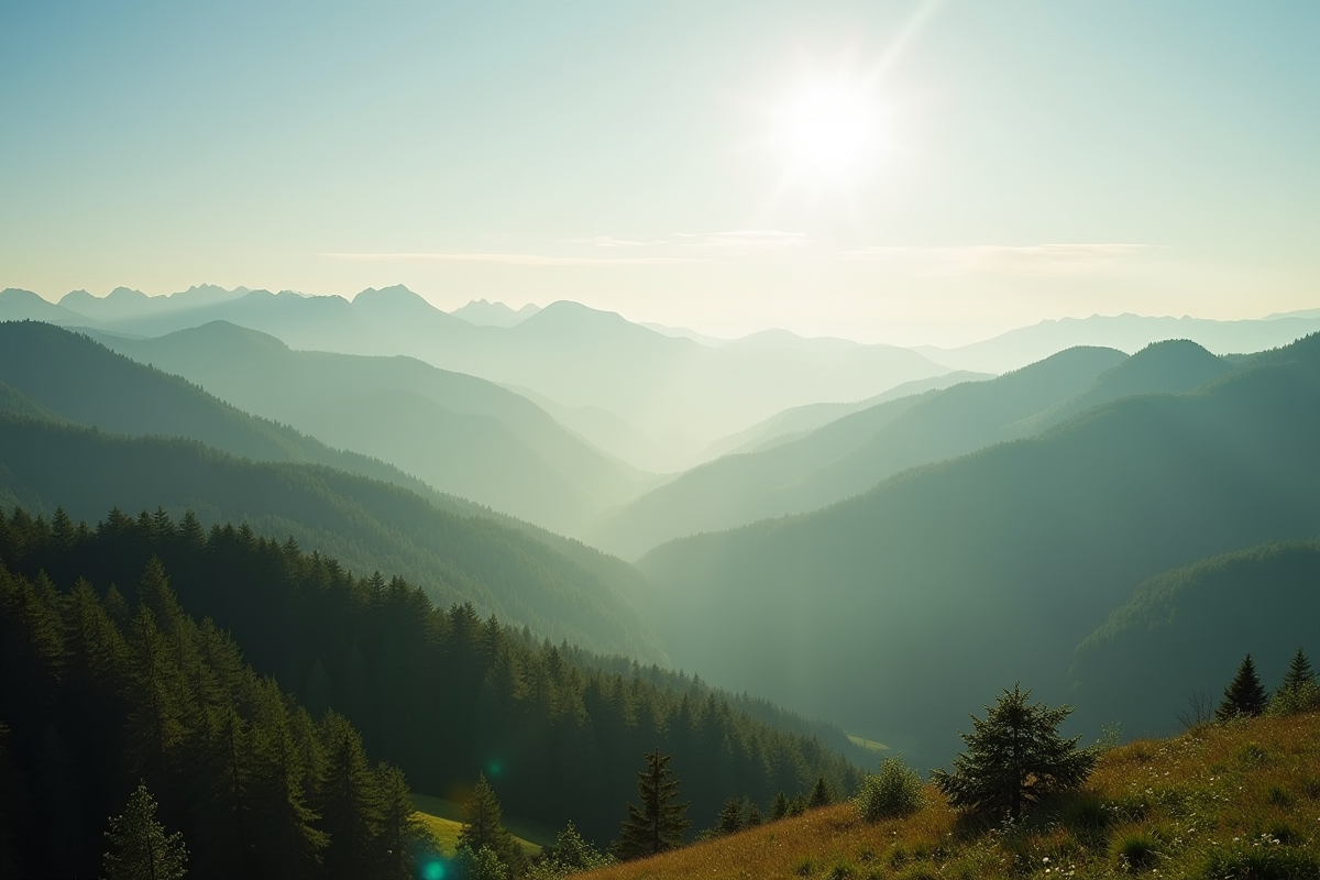 Paysage de montagne au Bessat avec lumière matinale