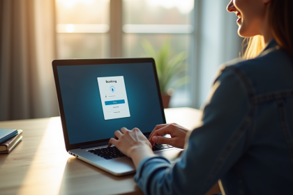 Personne souriante utilisant un ordinateur portable pour la banque