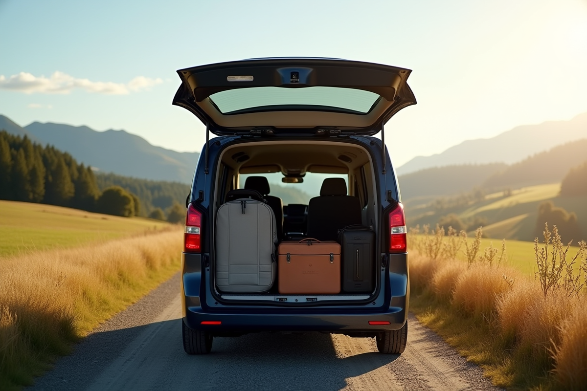 Vue arrière d un Peugeot Expert en campagne avec grand coffre ouvert