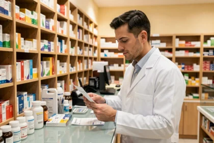 Pharmacien professionnel lisant une ordonnance derrière le comptoir d'une pharmacie bien organisée