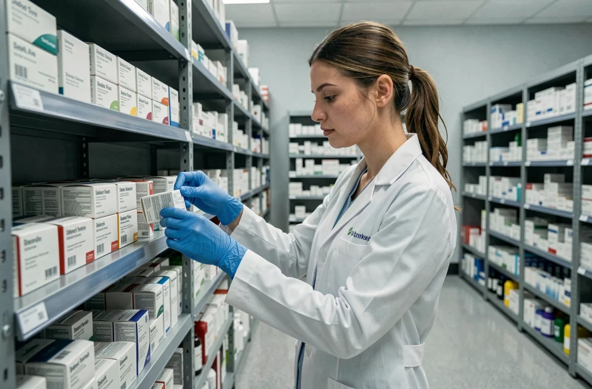 Pharmacienne organisant des médicaments dans une réserve hospitalière moderne