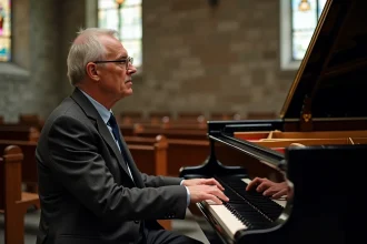 Pianiste jouant une musique instrumentale lors d'une cérémonie funèbre dans une chapelle
